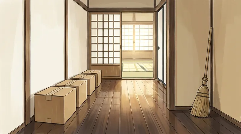 片付いて通れるようになった古い家の廊下。床に光がさし、壁ぎわに閉じた段ボール箱が並び、奥の和室の戸が開いている挿絵