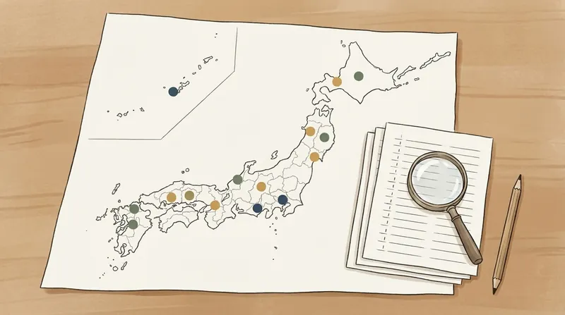 机に広げた日本地図に緑・黄土・藍の丸い印がいくつも貼られ、横に罫線の紙の束と虫めがね、鉛筆が置かれた絵