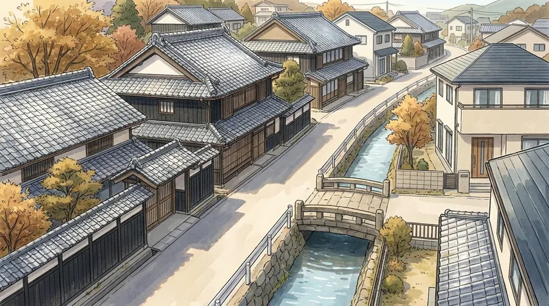 愛知県の住宅地のイメージの挿絵。黒い板壁と瓦屋根の家が並ぶ通りと、石の橋がかかる小さな水路を描いたもの