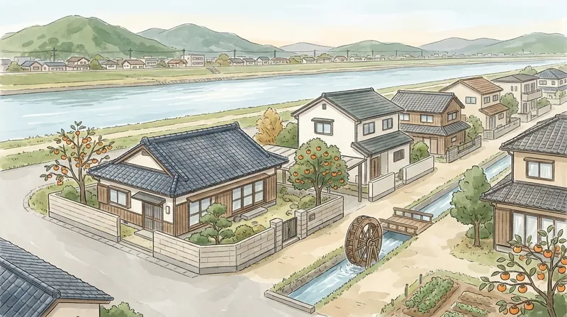 福岡県の住宅地のイメージの挿絵。広い川沿いの平野の家並みと、柿の実る庭、小さな水路の水車と遠くのなだらかな山を描いたもの