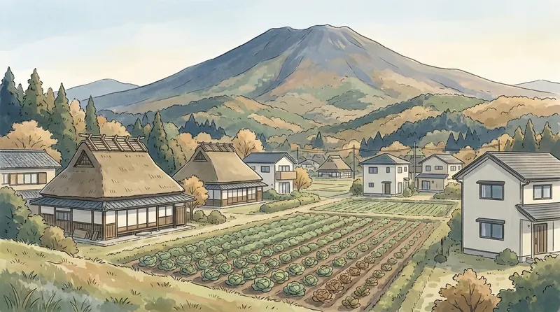 群馬県の住宅地のイメージの挿絵。屋根の高い古い農家と新しい家、キャベツ畑と、すそ野の広い山を描いたもの