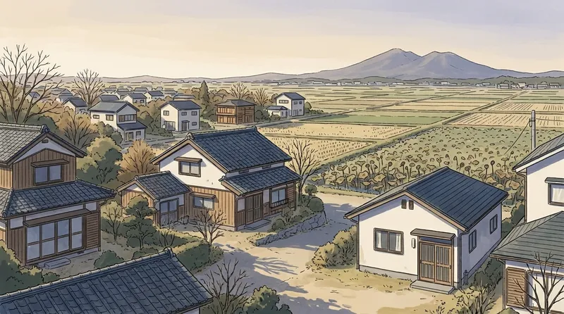 茨城県の住宅地のイメージの挿絵。刈り取りの済んだ田んぼとはす畑の平野の家並みと、遠くの二つの峰がある山を描いたもの