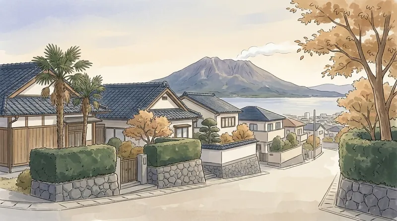 鹿児島県の住宅地のイメージの挿絵。石垣と刈り込んだ生け垣の家並みと、湾の向こうに煙をたなびかせる大きな火山を描いたもの