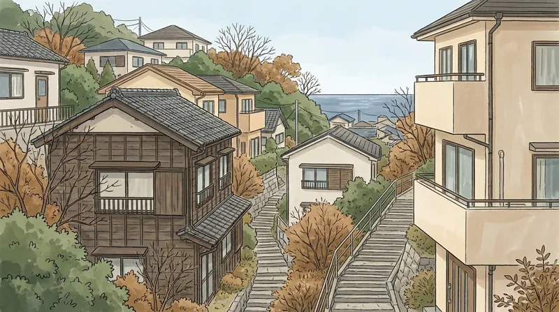 神奈川県の住宅地のイメージの挿絵。緑の斜面に重なる家と石段、家の間から見える遠くの海を描いたもの