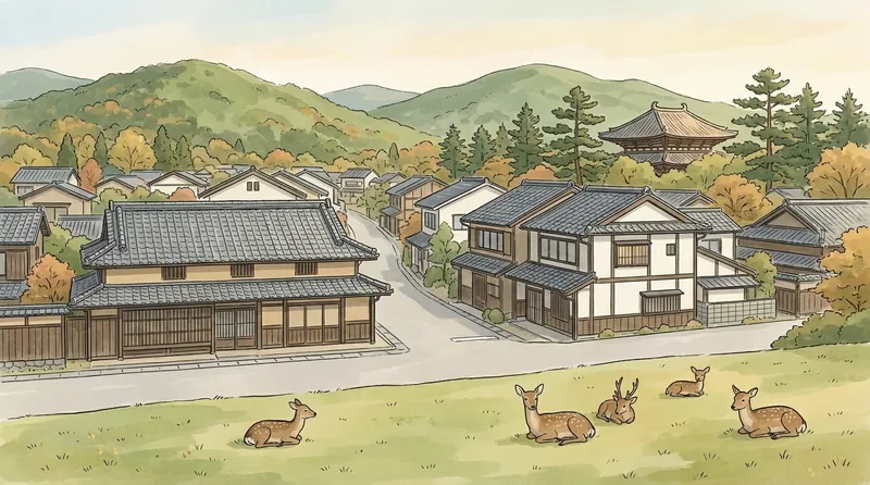 奈良県の住宅地のイメージの挿絵。重い瓦屋根の家並みと、芝生でくつろぐ鹿、松の間の古い寺の屋根となだらかな山を描いたもの