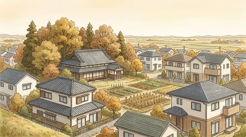 埼玉県の住宅地のイメージの挿絵。屋敷林に囲まれた瓦屋根の家と、家々の間の畑を描いたもの