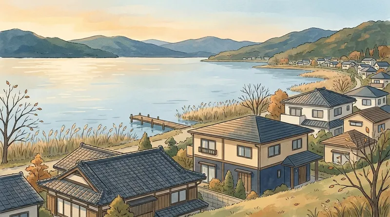 滋賀県の住宅地のイメージの挿絵。葦の茂る岸辺と小さな桟橋、広く静かな湖に面した家並みと対岸の山を描いたもの