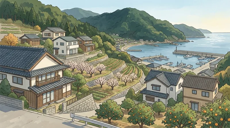 和歌山県の住宅地のイメージの挿絵。梅とみかんの木がある日当たりの良い斜面の家並みと、漁船の並ぶ港を描いたもの
