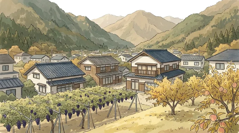 山梨県の住宅地のイメージの挿絵。山に囲まれた盆地の家並みと、ぶどう棚と色づいた桃の木を描いたもの