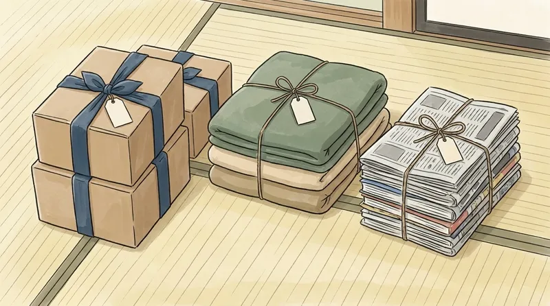 畳の上に、藍色の布ひもで結んだ段ボール、ひもで束ねた布団、束ねた新聞が分けて並べられ、白い札が付いた挿絵