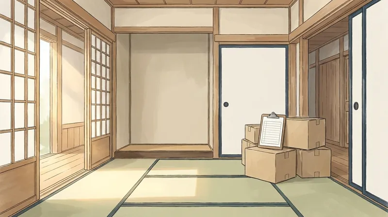 片付けが済んだ明るい和室と、戸口に積まれた運び出し待ちの段ボールの絵