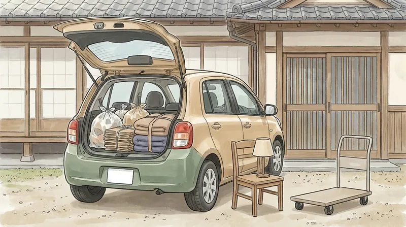 家族の車の荷台に、袋に入れたごみ・束ねた段ボール・布団を積み、横にいすと電気スタンドと台車がある絵